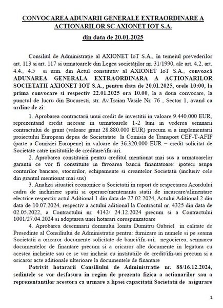 Convocarea Adunarii Generale Extraordinare a actionarilor SC Axionet IOT SA